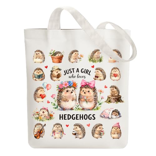 ANATTASOUL Canvas Tote Bag Reusable Cotton Bag for Women, Large 14.96"x 15.74" Cloth Shoulder Bags with Zipper Pockets - style: Hedgehog and Flowers