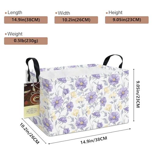 Rectangle Foldable Storage Basket Handles For Home, Purple Flowers | Waterproof canvas material, reinforced handles, perfect for shelf use, organizes clothes, daily items and pet supplies - color: REC-Purple Flowers