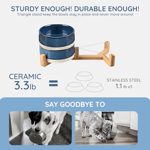 SPUNKYJUNKY Ceramic Dog and Cat Bowl Set with Wooden Stand, Modern Cute Weighted Food Water Bowl Set for Small Size Dogs (1.7 Cups, 2 × Pattern Blue) - color: Pattern Blue × 2, size: 1.7 cups