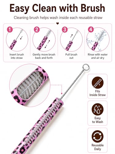 10PCS Set Leopard Straw Cheetah Animal Straws Hard Plastic Reusable Straw and Cleaning Brush Heart Silicone Straw Toppers with Leopard Print Summer Party Supplies (Purple) - color: Purple