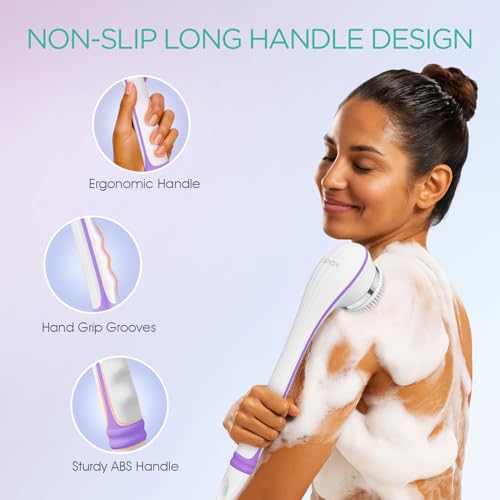 VOYOR Electric Body Brush for Showering, Back Scrubber for Shower, Purple | Rechargeable Exfoliating Bath Brush Powered Shower Brush Non-Slip Long Handle Deep Cleansing, Massaging Brush Women Men BC100 - color: Purple