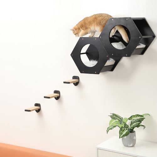 3 Pcs Cat Steps and Perches for Wall, Climbing Shelf With Hemp Rope, Wall-Mounted Furniture Set With Scratching Pads for Playing (Black) - color: Black