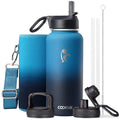 Coolflask 32 oz Water Bottle Insulated with Straw & 3 Leakproof Lids | Water Flask Stainless Steel Triple-Wall Vacuum,Cold 48+h, Dishwasher Safe,Wide Mouth,BPA-Free,Carrier Bag,for Gym,Hiking - color: Samurai Cyan, size: 32 Ounces