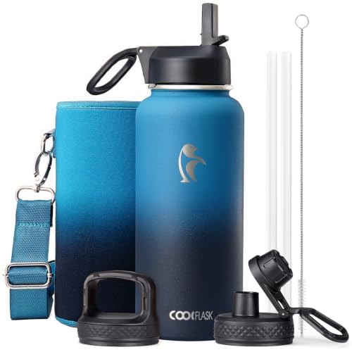 Coolflask 32 oz Water Bottle Insulated with Straw & 3 Leakproof Lids | Water Flask Stainless Steel Triple-Wall Vacuum,Cold 48+h, Dishwasher Safe,Wide Mouth,BPA-Free,Carrier Bag,for Gym,Hiking - color: Samurai Cyan, size: 32 Ounces