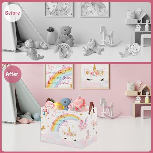 Unicorn Gift Bag Pink Kids Laundry Basket Rainbow Cloud Unicorn Nursery Decor Laundry Hamper ,Room Decor for Girls Bedroom, Rectangular Storage Box Cute Shelf Basket Clothes Book Toy Box Bin - color: Pink, Multicolor