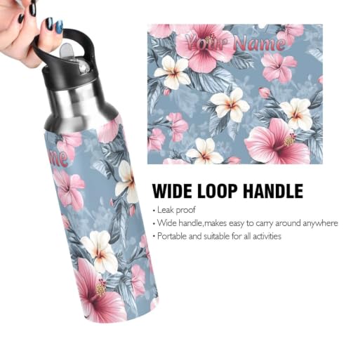 Custom Pink Hibiscus Flower Water Bottle Kids Stainless Steel Bottle with Straw Lid Personalized Name Boys Girls Insulated Cup for School 20 oz - color: Multi103