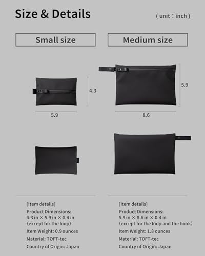 Water-Resistant Zipper Pouch, Made in Japan, Compact Organizer for Cords & Essentials, Multipurpose Bag for Cosmetics, Travel Accessories & Toiletries, Eco & Durable Materials, TOFTPOUCH, Small, Black