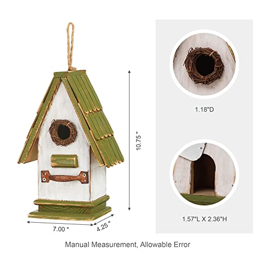 Glitzhome Bird Houses for Outside, Bluebird Houses for Outdoors, 10.75" H Green Roof Garden Wooden Birdhouse Hand Painted Hanging Distressed Bird House for Finch Cardinals Swallow Wren Chickadee - color: 10.75"H Green/White