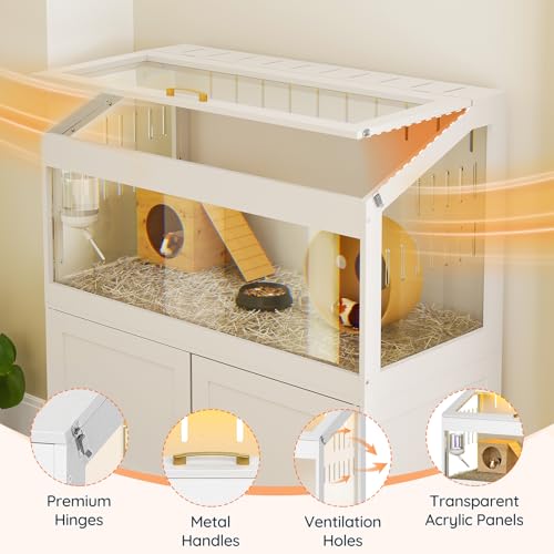 HOOBRO Large Hamster Cage, Acrylic Hamster Habitat with Storage Cabinet and Led Light Strip, Big Hamster Enclosure with Flip-Top Lid, Easy to Clean, 39.4" x 18.9" x 42.5", White WT01AC03G1