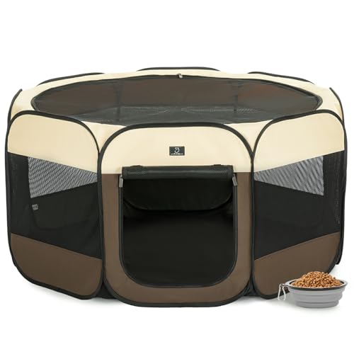 A 4 Pet 50.39-in Dog Playpen, Small Dogs & Puppies, Brown+Beige | Includes bowl, waterproof floor, pop-up design, home/travel/outdoor use - color: Brown+Beige, size: L(50.39"x50.39"x25")