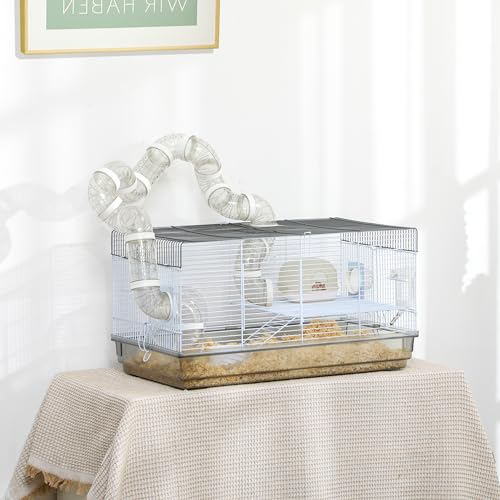 PawHut Hamster Cage, 2 Levels Gerbil Cage, Small Animal Cage for Dwarf Hamster with Tubes and Tunnels, Exercise Wheel, Food Dish, Water Bottle, Ramp, 23" x 13" x 12", Gray | Gerbil Habitat, Small Animal Cage, Tubes and Tunnels, Exercise Wheel, Food Dish,