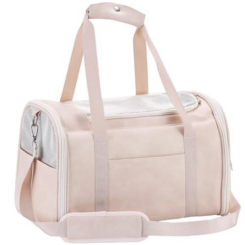 Fashion Dog Carrier Pet Carrier Airline Approved Cat Carrier for Small Dogs Cats Under 15 Lbs, Vegan Leather Collapsible Soft Sided Travel Puppy Carrier - color: Off-White