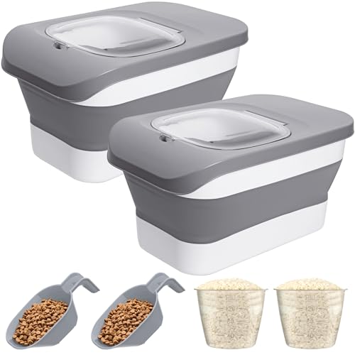 10-26Lbs Airtight Dog Food Container 2Pcs,Collapsible Pet Food Storage | Dog Food Storage with Double Airtight Seal,Magnetic Lid,Cat Food Container Dry Food,Space-saving,Scoops and Measuring Cups - color: Light Grey-2/10-26 Lbs