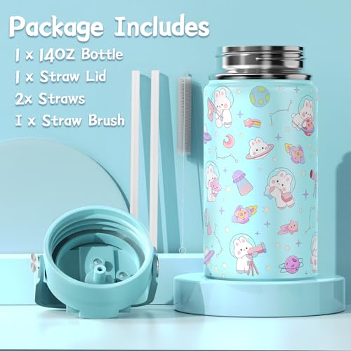 FIXITOK Girls Backpack with 14oz Insulated Water Bottle Set, Kawaii Bunny School Backpack for Girls with Kids Water Bottle Lunch Bag Pencil Case for Kindergarten Elementary Preschool School - color: W-aquamarine