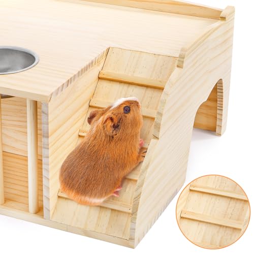 Coloch Wooden Guinea Pig Castle with Hay Feeder, Large Chinchilla Hideout with Feeding Bowl&Ladder Multi-Chamber Guinea Pig House for Guinea Pigs, Chinchillas, Hedgehogs