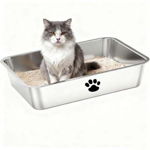 Stainless Steel Cat Litter Box, Indoor Litter Tray Pet Toilet Supplies,XXL 4in Shallow Metal Litter Pan for Senior Cats and Kittens,Multi-Cat Households, Non-Odor, Non-Stick, Easy to Clean - size: 23.6" x 15.8" x 4"