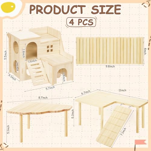BreezeHug 4 Pcs Hamster Cage Accessories Hamster Platform Hideout Wooden Tunnel Ladder Playhouse Game Climbing Toy with Platform for Pets Dwarf Syrian Mice Degus Gerbils Squirrel(Loft) - style: Loft