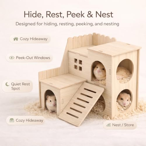 Large Hamster Maze Wood House Fun Slide House Double-Decker Hut Chew Toys for Bigger Syrian Hamsters Dwarf Gerbil Mouse Mice Rat Small Animals