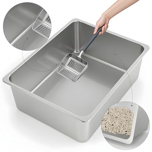 Kirecoo Large Stainless Steel Cat Litter Box High Sided, Non-Stick | Solid Metal Box, Odor Free, Non Stick, Rust Proof, Easy to Clean, Ideal for Cats, Kittens, Multi-cat & Rabbits, Indoor Use - size: 19.5*13.6*5.96