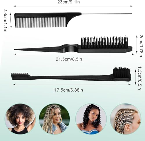 Comb Set, Black comb,3 Pcs. slick back hair brush,Slick Back Brush with Edge Brush, styling comb for kids for middle part，Rat Tail Comb, Teasing Brush Set for Smoothing brush Baby Hair