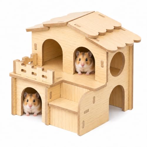 Wooden Hamster House, 2-Story Hideout with Steps and Balcony | Two-level wooden hideout and maze with rooms, steps and balcony for Syrian and dwarf hamsters, gerbils and mice