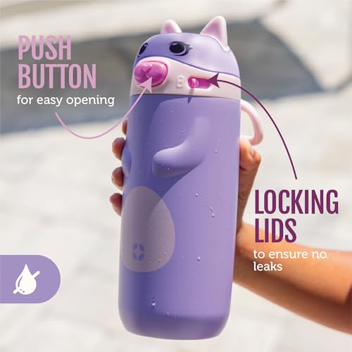 Ello Ellies 12oz Stainless Steel Leakproof Kids Water Bottle, Cat | Insulated kids water bottle with straw, leakproof locking lid, carry handle, and stainless steel fun animal design for school - color: Cat, size: 12 Ounces