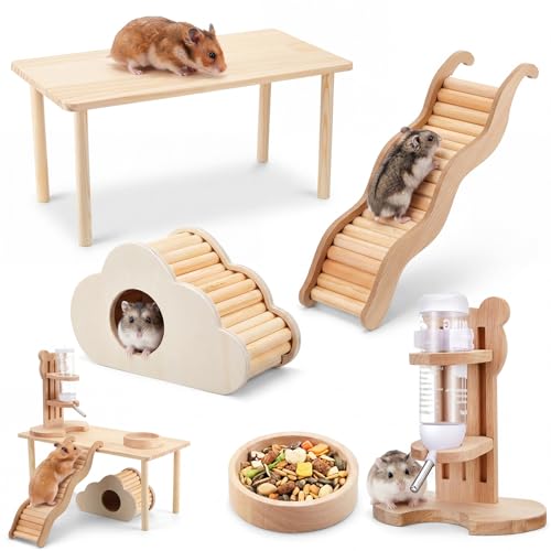 5 Pcs Hamster Cage Accessories, Wood Hamster Play Wooden Platform Water Bottle with Stand Climbing Set for Rat Mice Small Animals Pets Habitats Woodland Decor(Cloud Villa) - style: Cloud Villa