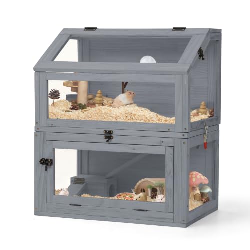 COZIWOW 2-Tier Hamster Cage, Large Rat Cage and Habitat with Ramps, Openable Top, Detachable Small Animal Cage for Hedgehogs, Gerbil, Mouse, Wooden Frame with Acrylic Panel, Gray - color: Gray