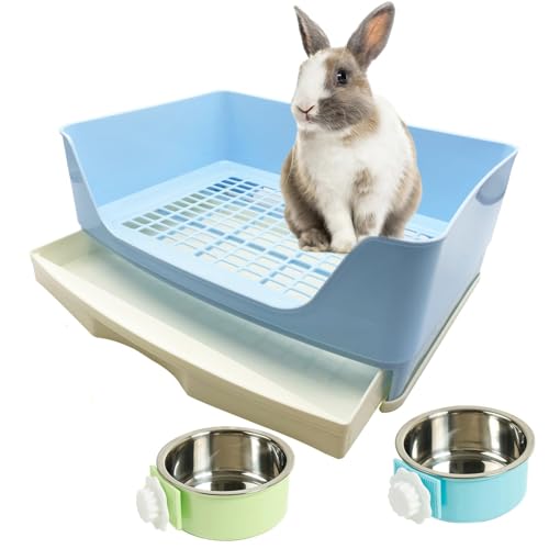 PINVNBY Rabbit Litter Box with Drawer for Cage Bunny Corner Litter Pan Box Small Animal Litter Pan Hanging Feed Bowls Cage Potty Trainer Pet Toilet for Rabbit Guinea Pigs Chinchilla Ferret - color: Blue
