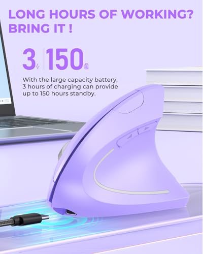 Lekvey Ergonomic Mouse, Rechargeable Wireless Vertical Mouse, Light Purple | USB-C Charging, 2.4G USB Plug & Play, Quiet Click, 3DPI (1000/1200/1600), 6 Buttons, Carpal Tunnel Mouse, for Laptop, PC, Mac - color: Light Purple
