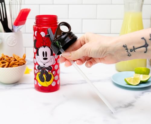 Silver Buffalo Disney Minnie Mouse Water Bottle With Flip-Up Straw | BPA-Free Plastic Sports Jug | Holds 20 Ounces