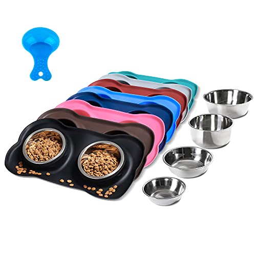 Hubulk Pet Dog Bowls 2 Stainless Steel Dog Bowl with No Spill Non-Skid Silicone Mat + Pet Food Scoop Water and Food Feeder Bowls for Feeding Small Medium Large Dogs Cats Puppies (S, Black) - color: Black, size: Small