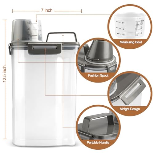 TIOVERY Upgraded Dog Food Storage Container Small, Cat Food Container Airtight, Pet Food Container Dispenser with Pour Spout, Measuring Cup and 4 Seal Buckles for Dogs, Cats, Birds (Grey) - color: Grey 3 Qt