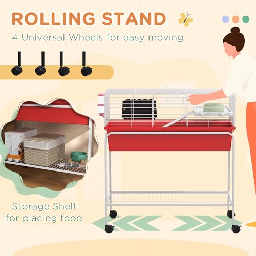 PawHut Two-Story Small Animal Cage Removable from Stand, Guinea Pig Cage with Shelf & Wheels, Pet Habitat for Hedgehog, Chinchilla, Ferret, 33" x 18.5" x 35", Red | Removable from Stand, Guinea Pig Cage, Pet Habitat for Hedgehog, Chinchilla, Ferret - colo