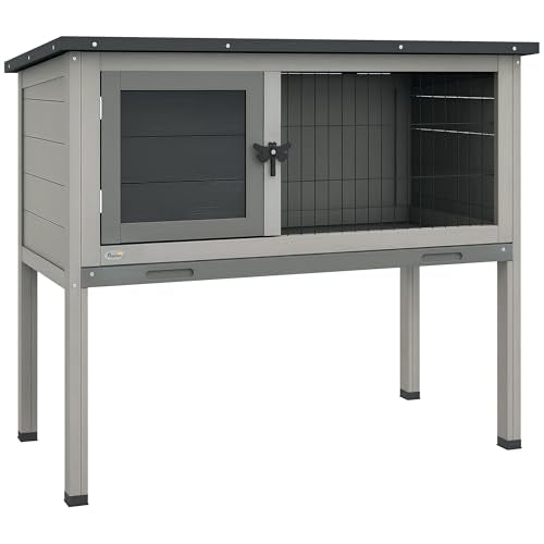 PawHut Elevated Wooden Rabbit Hutch Indoor/Outdoor Bunny Cage Gray | Hinged Asphalt Roof, Removable Tray for Guinea Pig - color: Gray