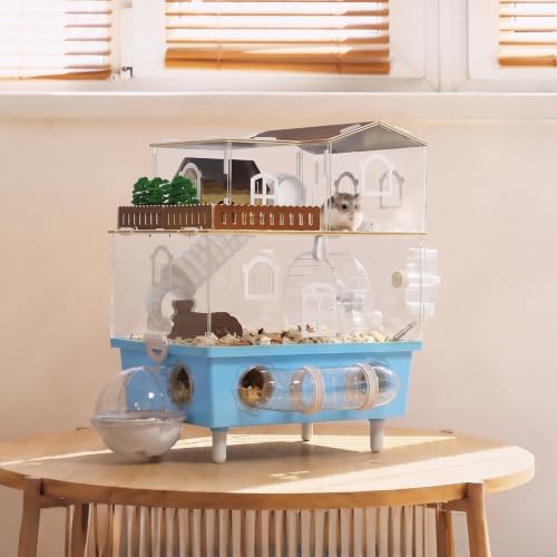 Acrylic Hamster Cage 2 Tier Clear Hamster House with Tunnels | Dwarf Hamster Cage & Habitat with Running Wheel, Food Bowl for Gerbils Syrian Hamsters,13.3''L* 9.8''W* 17.4''H, Blue - color: Blue