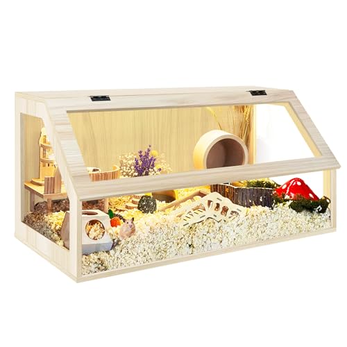 PROLEE Hamster Cage Large Chewproof, 40" x 20" x 20" Sloped Mice and Rat Habitat with Clear View, Solid Built with Lockable Design and Openable Top (Oak) - color: Oak