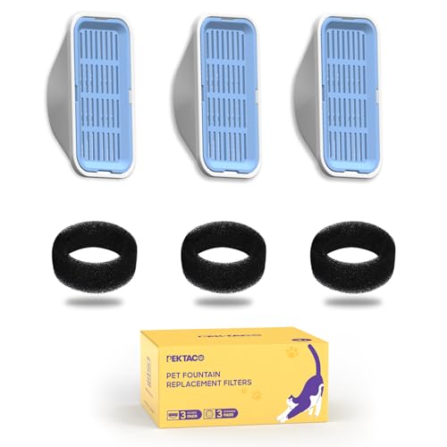 PEKTACO Cat Water Fountain Replacement Filters for 3.2L/108oz, 3 Pack | Pre-filter sponges, activated carbon, ion exchange resin, non-woven fabric, captures hair and debris, reduces odors and dirt