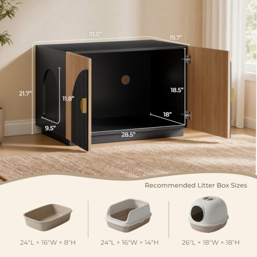 Amunrbrek Cat Litter Box Enclosure Furniture, 31.5" Arched Fluted Cabinet - color: Black and Natural