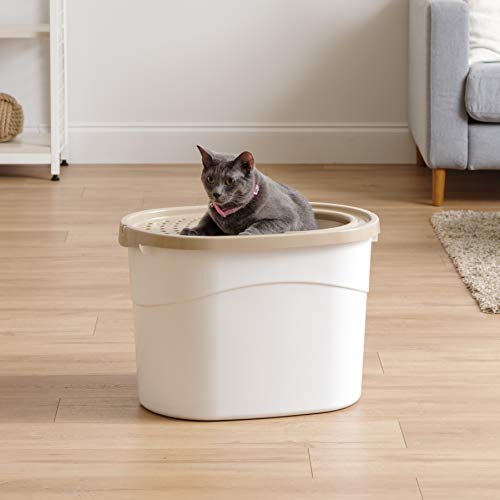 IRIS USA Large Top Entry Cat Litter Box, Hooded Privacy, Beige | Dog-Free Zone, Enclosed Top Access, Protected Interior, Dog Proof Pan, Odor Trapping, Reduced Tracking - color: White w/ Scoop