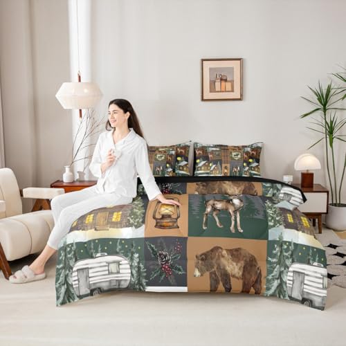 Erosebridal Hunting Bear 7 Piece Comforter Set Full Rustic Farmhouse Bedding Sets for Kids Teens Cabin Decor Vintage Barn Woodland Animals Moose Sheet Set Retro Buffalo Plaid Camper Quilt Brown - color: Brown Green White, size: Full