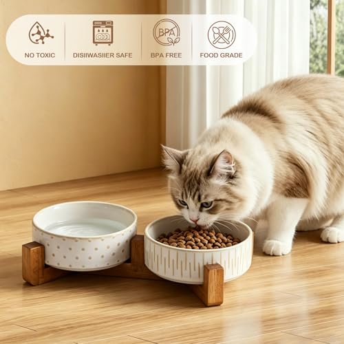 Ceramic Dog Bowl Set with Acacia Wood Stand, Ceramic Pet Bowls | 1.5–2 Cups Food & 15oz Water, Lead-Free, Smooth Glaze with Non-Slip Base for Cats and Small Dogs