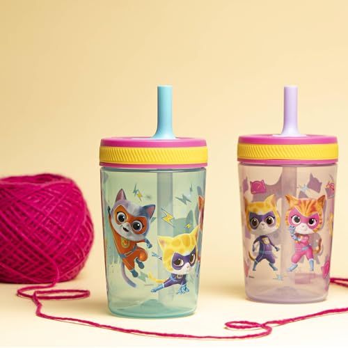 Zak Designs Disney SuperKitties Kelso Toddler Tumblers For Travel or At Home, 15oz 2-Pack Durable Plastic Sippy Cups With Leak-Proof Design is Perfect For Kids (Ginny, Sparks, Buddy, Bitsy) | BPA Free, Plastic, Sippy Cups, Cup Holder Friendly, Dishwasher