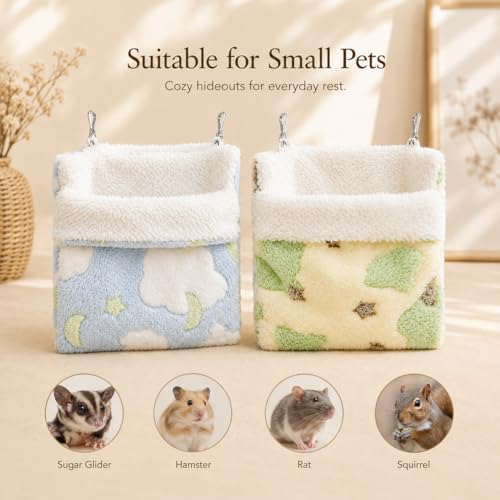 Meow&Woof Sugar Glider Bed Pouch, Small Animal Carrier Bag, 2PC Ferret Bedding Hammock, Hamster Cage Accessories for Rat, Squirrel and Chinchilla (Blue&Green)