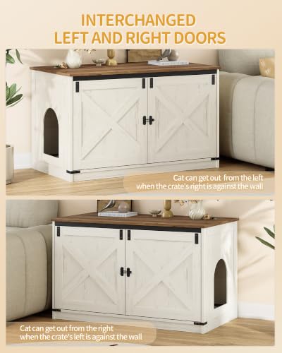 Hzuaneri Cat Litter Box Enclosure, Hidden Litter Box Furniture with Divider | Wooden Cat Cabinet with Removable Dividers, Reversible Entrance Left or Right Side, Cat Washroom, Rustic White Brown CB84614X - color: Rustic White and Brown, size: 31.5"L x 21.