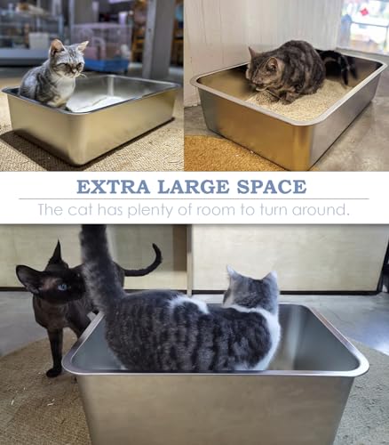 WENBOKMIN Stainless Steel Cat Litter Box - (23.5" L x 15.5" W x 4" H) | Non Slip, Easy to Clean, Never Absorbs Odor, Stains, or Rusts - size: 24" L x 16" W x 4" H