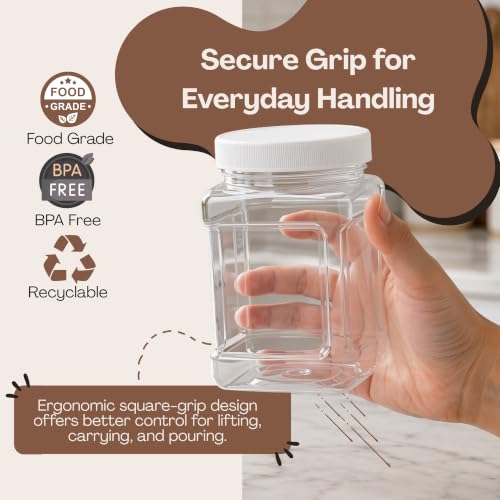 Pride of India Clear Food Grade PET Plastic Jar – 48 Fluid Ounce | Square-Grip Plastic Containers for Snacks, Candy, Cereal, Pet Food, Kitchen, Pantry & Household Storage (4-5 Cup Storage Capacity) - size: Large Square Grip Jar & Cap