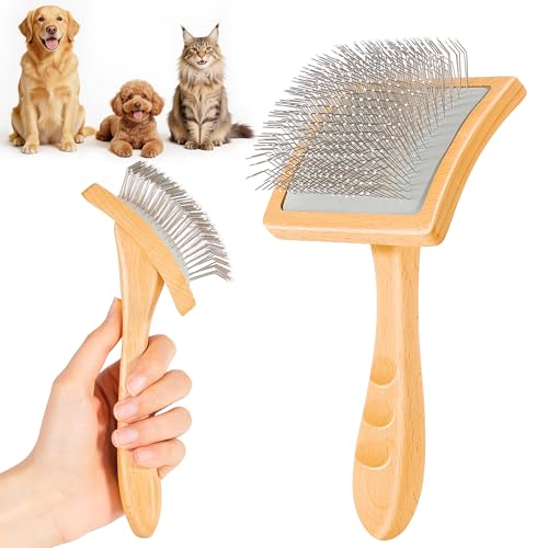 Slicker Brush for Long-Haired Dogs & Cats, Professional Dog Grooming Brush for (Goldendoodles, Poodles, Labradoodles), Large Pets Pin Tips Brushes with Natural Beech Wood Ergonomic Handle