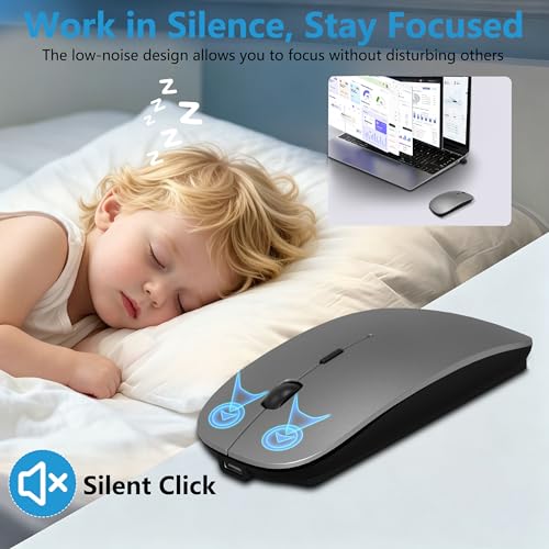 Slim Bluetooth Wireless Mouse with Jiggler - Gray | Rechargeable Portable Mouse, BT5.2 & 2.4G, USB-C/USB-A Receiver, Adjustable DPI for MacBook, iPad, Laptop & PC - color: Gray