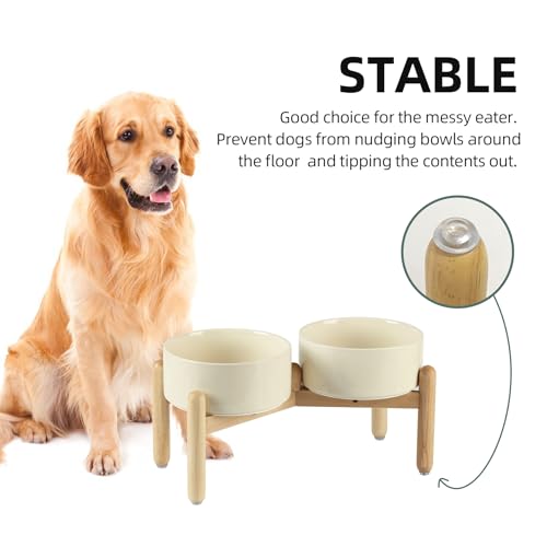 Havniva Elevated Dog Bowls Ceramic Dog Bowls with Stand, Dog Food Bowl | 7.3” Raised Dog Bowls with Non-Slip Wood Stand, Dog Food and Water Bowl Set, Double Dog Feeding Bowls for Medium Dogs - color: 2 Bowls+Stand - Light Yellow, size: 7.3inch